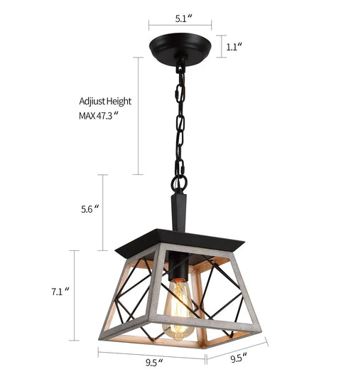 Farmhouse Style Pendant Light Fixture For Dining Room Hallway Entryway And Kitchen Island 1 Light Industrial Chandelier With Oak White Frame And Black Matte Iron Finish UL Listed For Indoor Living Spaces dimensions shown