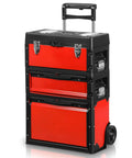Heavy Duty Rolling Tool Chest With Three Tier Stackable Design On Wheels For Tools And Small Parts, Modular Drawer System And Mobile Garage Organizer, Durable Steel Box For Shop Or Garage, Black Red Finish