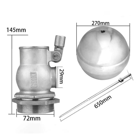 Top Notch Stainless Steel Float Valve For Water Tanks, DN65 Male Thread Ball Float Valve, Heavy Duty Tank Level Control Valve For Chemical, Petroleum, Metallurgy And Other Industries with DN65 thread and 270mm float
