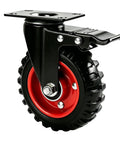 Heavy Duty 4 Inch Rubber Tire Caster Wheels Set Of 4 With Brake 2200 Lbs Capacity Swivel Industrial Casters close-up view with black steel housing.