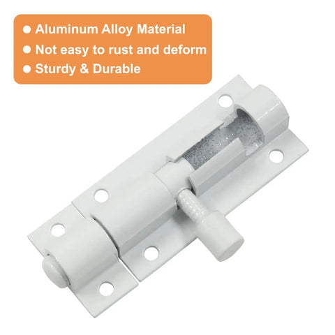 Close-up of 2 Pack White Barrel Bolt Latch 2 Inch Sliding Door Lock Aluminum Alloy Slide Bolt heavy duty securing mechanism.