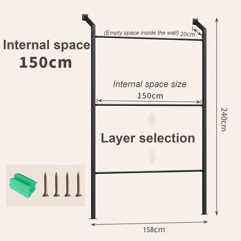 Heavy Duty Vinyl Storage Rack For Three Rollers Wall Mounted Textile Sample Display showing 150cm internal space dimensions.