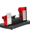 Super Cool Mini Metal Lathe Machine 12V 36W With Gong Bed For Tinkering, Woodworking, And Modelmaking. Compact black and red bench tool.