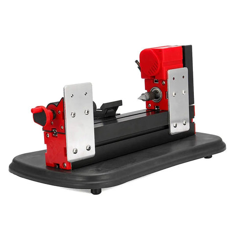 Super Cool Mini Metal Lathe Machine 12V 36W With Gong Bed For Tinkering, Woodworking, And Modelmaking. Compact black and red bench tool.