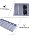 Keep Your Shades Locked And Loaded In This Slick Six Slot Sunglasses Tray And Jewelry Display Holder Crafted From Premium Soft Fabric For Zero Stress Eyewear Organization showing grey fabric tray with sunglasses.