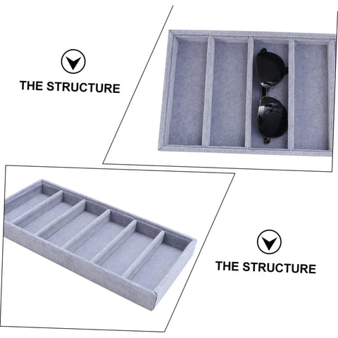 Keep Your Shades Locked And Loaded In This Slick Six Slot Sunglasses Tray And Jewelry Display Holder Crafted From Premium Soft Fabric For Zero Stress Eyewear Organization showing grey fabric tray with sunglasses.