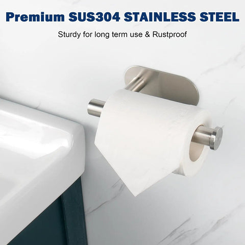 Self Adhesive Toilet Paper Holder Stainless Steel 304 Rustproof No Drill Mount Brushed Nickel 2 Pack mounted on wall