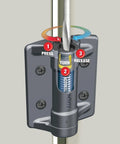 Close-up of TruClose Narrow Spring Hinges 2-Pack Self-Closing Gate Hardware in Black Polymer, adjustable tension mechanism.
