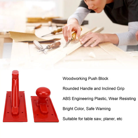 Heavy Duty Safety Push Block Set For Table Saws And Router Tables, 2 Piece Kickback Buster with rounded handles on workspace.