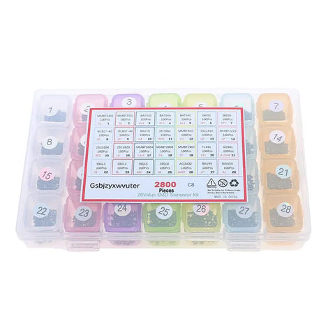 Ultimate 2800-Piece SMD SOT-23 Component Kit With 28-Value Types organized in labeled container for DIY electronics projects