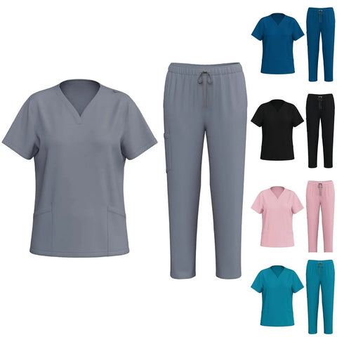 Women Housekeeping Uniforms And Nursing Scrub Sets With Utility Pockets Breathable V Neck Zipper Tops in various colors