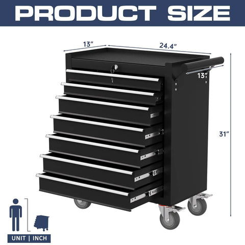 7 Drawer Rolling Tool Chest With Locking System On Wheels, Beefy High Capacity Steel Tool Cabinet For Garage, Workshop, And Warehouse, Durable Black Metal Storage Cart, 31 x 24.4 x 13 in