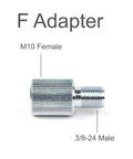 M10 to Three Eighths Inch Twenty Four Thread Adapter Female to Male shown with labeled silver metal finish