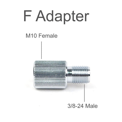 M10 to Three Eighths Inch Twenty Four Thread Adapter Female to Male shown with labeled silver metal finish