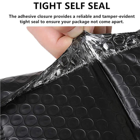 Close-up of self-sealing feature on Black Bubble Mailers 4x6 Inch Self Seal Padded Envelopes Made With Thick Poly Bubble, 50 Pack For Shipping Protection.