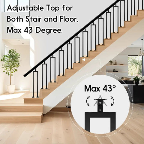 Three Pack 36 Inch Square U Shape Matte Black Metal Stair Balusters With Adjustable Top Bracket For Interior Wood Handrail with 43° angle.