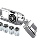 Mercedes Benz Car Tire Valve Caps And Key Chain Set For Vehicles 4 Pack Dust Caps And Keychain Accessories, Zinc Alloy With Polished Finish