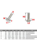 Nickel Plated Steel Hammer Head T Bolts M5 To M10 for aluminum profiles with size chart and dimensions illustration
