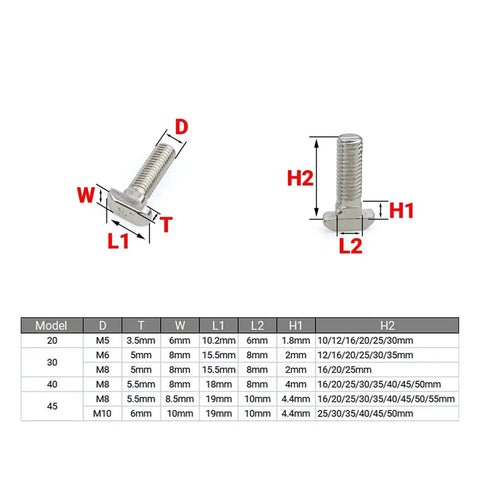 Nickel Plated Steel Hammer Head T Bolts M5 To M10 for aluminum profiles with size chart and dimensions illustration