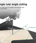 Desktop Woodworking Wire Saw With 800 Watt Motor And Hella Precise 1750 Rpm Speed For Smooth Straight Cuts And Top Notch Intricate Curves On Boards Or Bamboo Strips Up To 70 Millimeters Thick showing angle cutting setup with a blade and wooden piece.