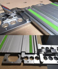 Pro Grade Right Angle Saw Guide Rail Stop for 260mm track saws on Festool rail, CNC machined aluminum, close-up of quick clamp.