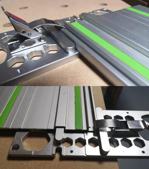 Pro Grade Right Angle Saw Guide Rail Stop for 260mm track saws on Festool rail, CNC machined aluminum, close-up of quick clamp.