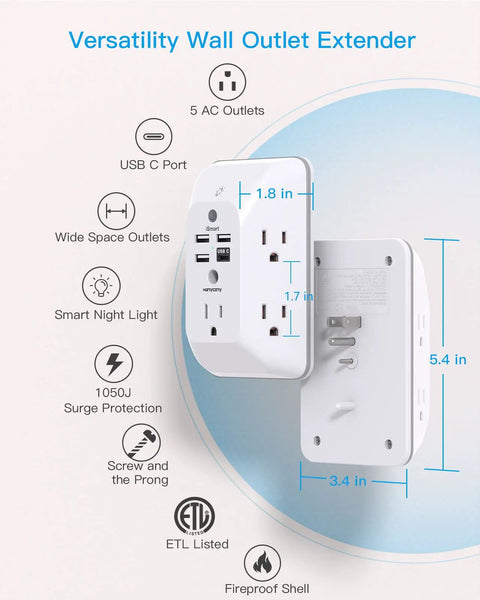 Diagram of 10 In 1 Outlet Extender With Night Light And USB Charger Surge Protector, showing dimensions and features.
