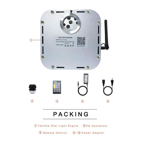 Twinkle Fiber Optic Light Source 32W RGBW Engine With Bluetooth RF Remote And Music Sensor, packaging components