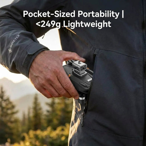 Person placing foldable 4K GPS Drone With 4.5 Inch HD Controller Screen into jacket pocket outdoors, highlighting portability.