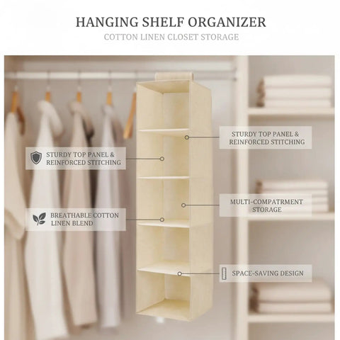 Vertical Hanging Closet Shelf Organizer Multi Tier Open Compartments Hella Efficient Linen Sock Towel Storage No Drilling Needed Super Easy Access To Maximize Closet Height with breathable cotton linen blend.