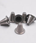 Six stainless steel short filters for water jet cutting machines; perforated conical elements with flange bases.