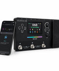 Gig Ready Guitar Multi Effects Pedal With Three Point Five Inch Screen AI Tone Assistant 240 Effects Types Looper Drum Machine RGB Lighting Mobile App And PC Editing For Stage And Recording next to smartphone interface.