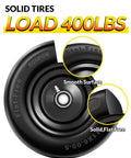 Close-up view of a 11x6.00-5 flat free tire, black solid rubber with smooth surface, part of a heavy-duty tire and wheel set for lawn mowers.