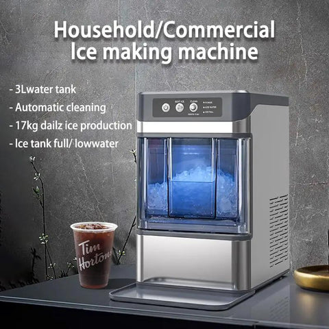 Household/Commercial ice making machine with 3L water tank producing 17kg daily output, perfect for home and bar use.