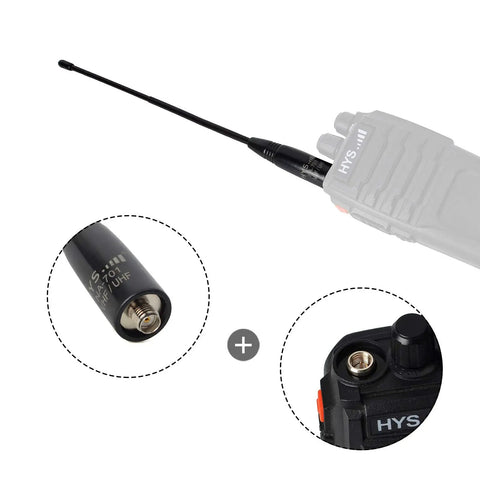 SMA Female Dual Band Ham Radio Antenna NA 701 For Baofeng Handheld Walkie Talkies, close-up of antenna connector and base.