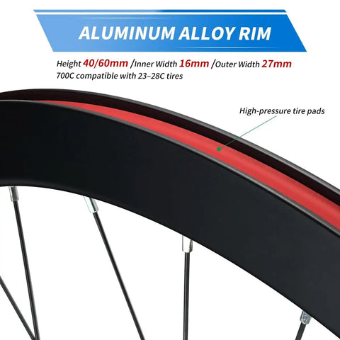 Close-up view of Fixed Gear Wheelset 700C Aluminum Alloy Rims 40mm 60mm Track Style with high-pressure tire pads.