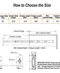 Diagram showing dimensions and installation for Soft Close Drawer Slides 22 Inch 10 Pairs Full Extension Ball Bearing Side Mount.