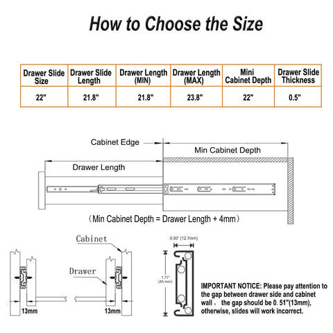 Diagram showing dimensions and installation for Soft Close Drawer Slides 22 Inch 10 Pairs Full Extension Ball Bearing Side Mount.