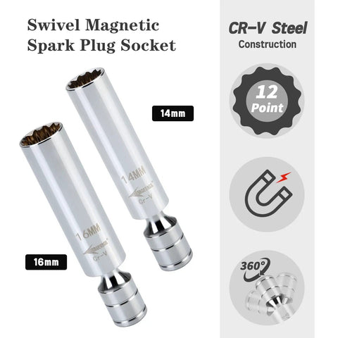 Fourteen Piece Three Eighths Drive Spark Plug Socket Set With Magnetic And Rubber Grip Sockets, Torque Wrench 5-45 Lb Ft, Swivel Joint, Extension Bar, Universal Joint, Torx And Hex Sockets, Includes 14mm And 16mm, Heavy Duty CRV Steel Build, 14mm and 16mm CR-V magnetic spark plug sockets