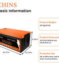 Image showing CHINS 36V Lithium Golf Cart Battery 100Ah LiFePO4 With Built In Bluetooth 200A BMS, dimensions and protective cap details.