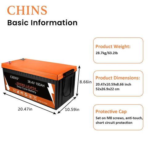 Image showing CHINS 36V Lithium Golf Cart Battery 100Ah LiFePO4 With Built In Bluetooth 200A BMS, dimensions and protective cap details.