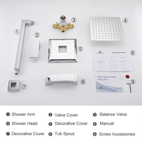 Chrome Shower Faucet Set With High Pressure Square Rain Shower Head And Handle, Wall Mounted Luxury Rainfall Fixture components laid out