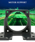 Motor mounting bracket, front view; black metal with circular clamp and four-base mounting holes