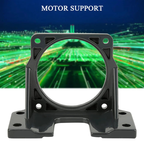 Motor mounting bracket, front view; black metal with circular clamp and four-base mounting holes