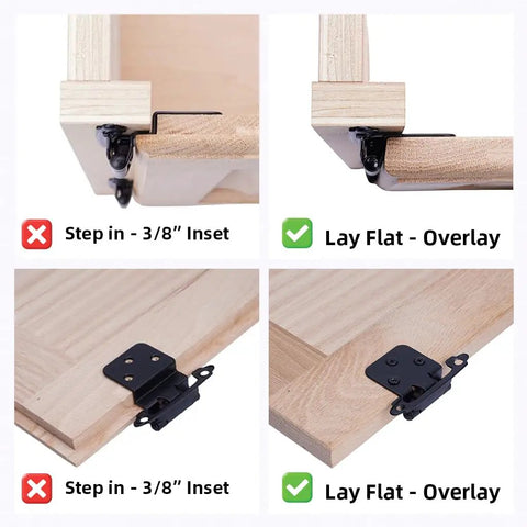 Comparison of wood cabinet door fit with oil rubbed bronze hinges, showing step in with 3/8 inset and lay flat overlay options.