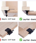 Comparison of step-in inset and lay flat overlay for oil rubbed bronze cabinet hinges, showing suitable face-frame installation.
