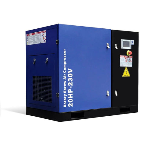 Industrial Grade 20 HP Rotary Screw Air Compressor Built To Last With 74 CFM At 125 PSI 230 Volt Three Phase No Frills Fixed Speed Heavy Duty Air System For Workshop Or Shop Use, side view.