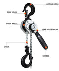 Heavy Duty Aluminum Alloy Hand Chain Hoist With G80 Manganese Steel Lifting Gear 0.5 Ton components labeled with hooks and chain.