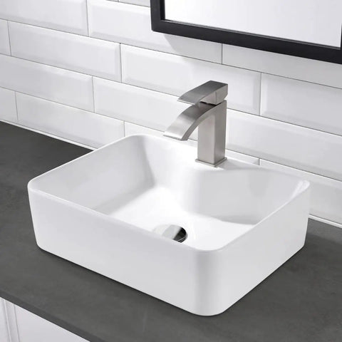 White Rectangle Ceramic Vessel Sink Combo With Stainless Steel Faucet And Chrome Pop Up Drain For Modern Vanity Dope Sleek