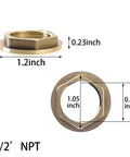 Rock Solid Pro Grade Brass Lock Nuts For Pipe Fittings 4 Pack 1/2 Inch Npt Female Hex Flange Nuts With Sealing Washers side view with dimensions